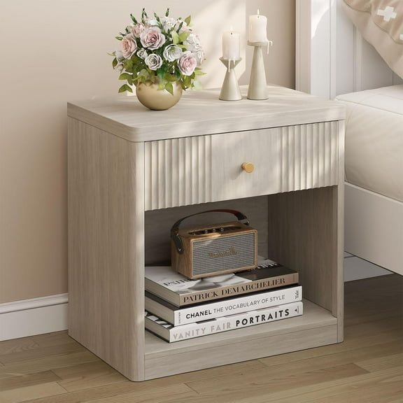 Night Stand Nightstands with Drawer, Large Modern Fluted Bedside Table Bed Side Table End Table with Storage for Bedroom, Living Room, Sofa, Office,White Alder