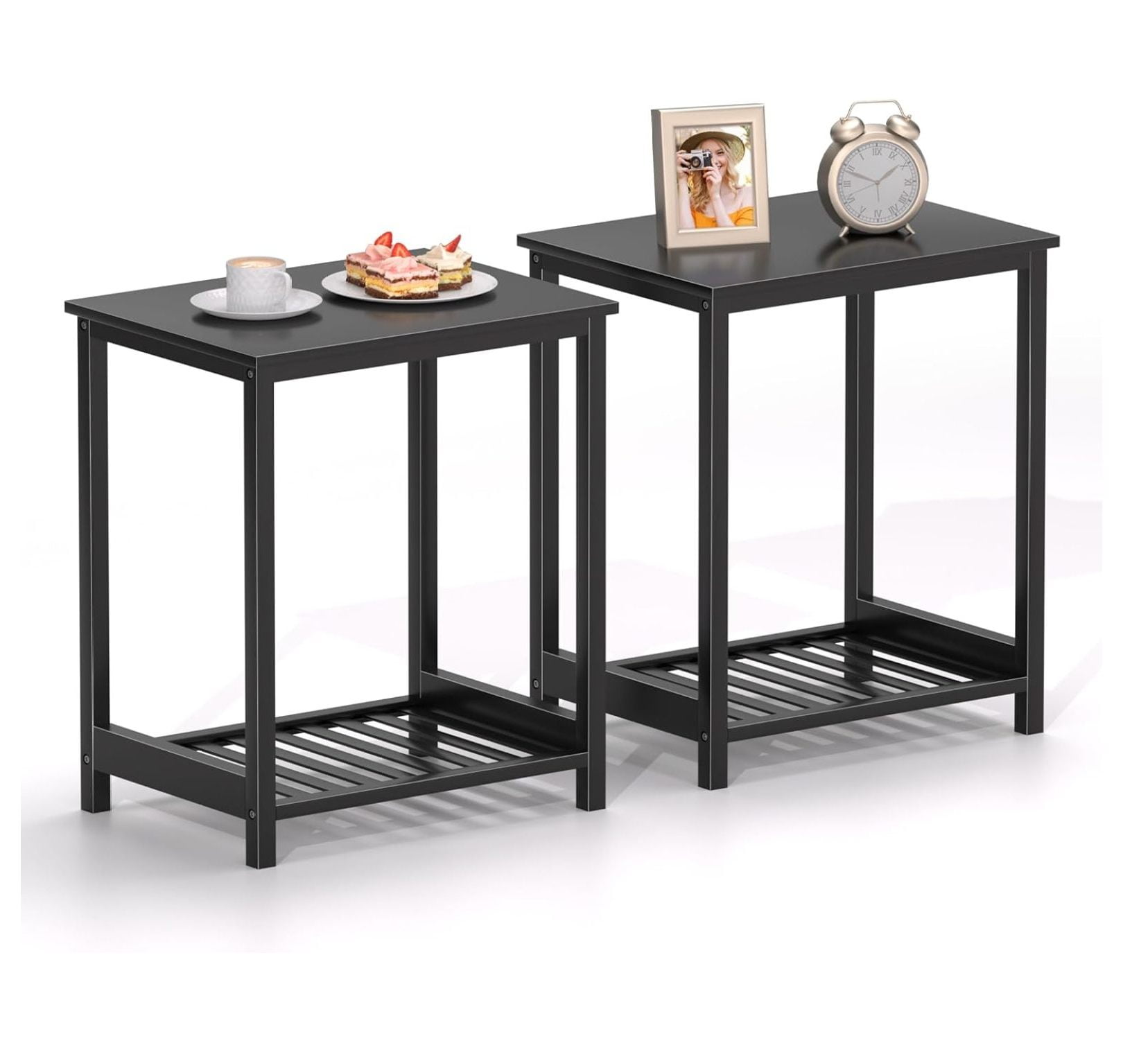 Night Stand Set of 2, Bamboo End Side Tables, 2 Black Nightstands with ...