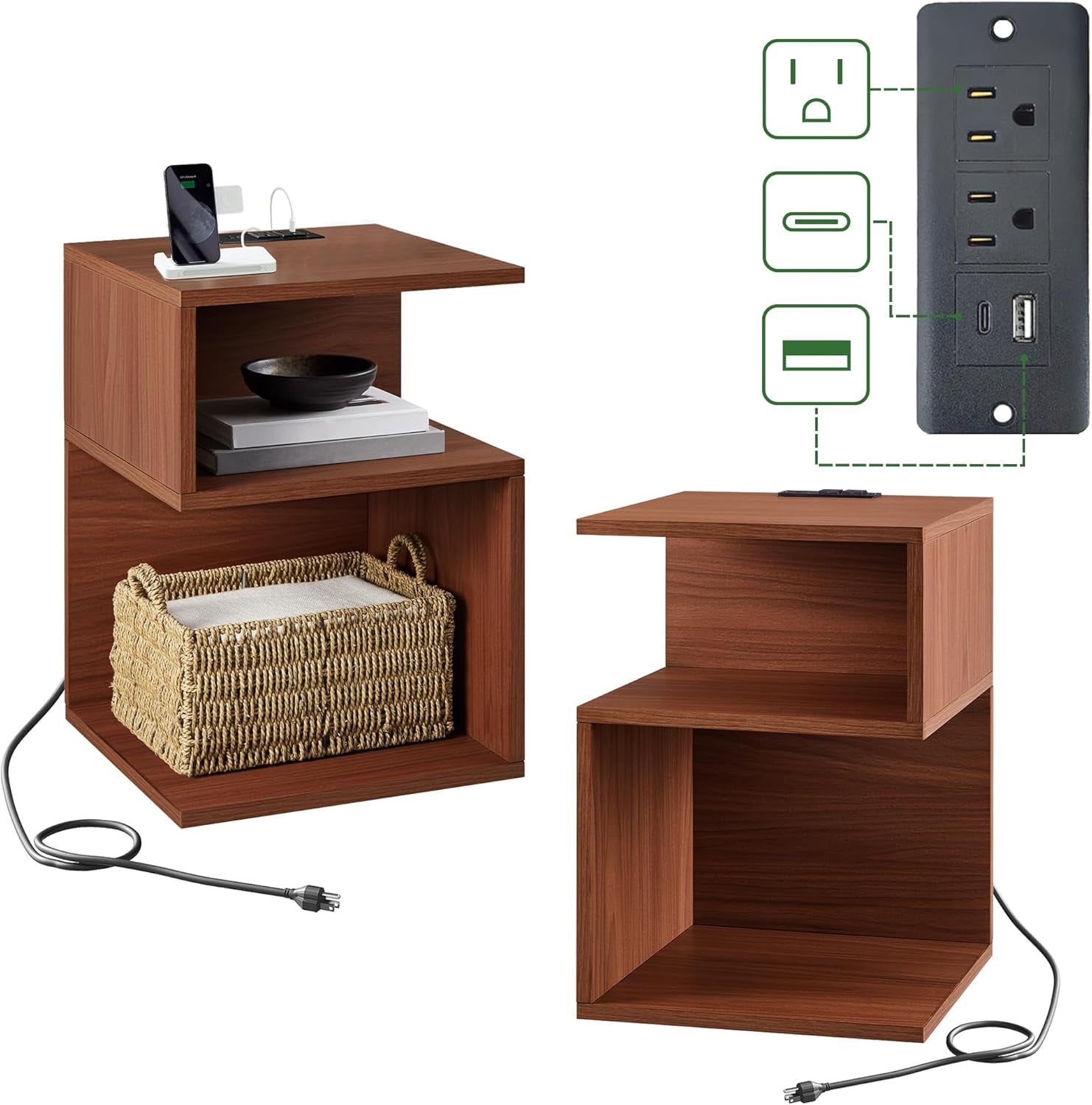 AMERLIFE Farmhouse Nightstand Set Of 2 With Charging Station - USB Ports, Outlets, 2 Drawers, Distressed White
