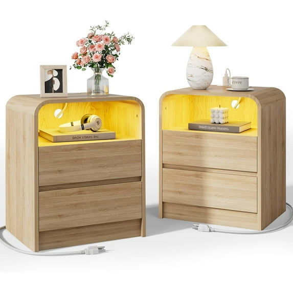 Night Stand Set of 2 with Charging Station & LED Light, 2 Handleless Drawers Nightstand with Open Shelf, 18" End Table for Bedroom, Curved Profile, Natural Oak