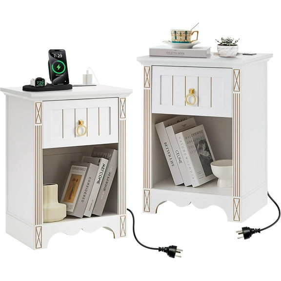 Night Stand Set of 2 with Charging Station,Mid Century Modern Bedside Tables with Drawer & Open Compartment,Fluted Night Stand with Storage for Bedroom (White, Charging Station)