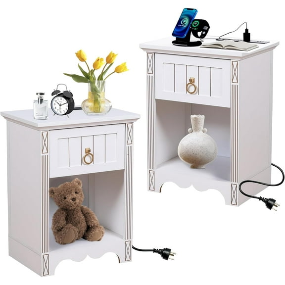 Night Stand Set of 2 with Charging Station,Mid Century Modern Bedside Tables with Drawer & Open Compartment,Fluted Night Stand with Storage for Bedroom (White, Charging Station)