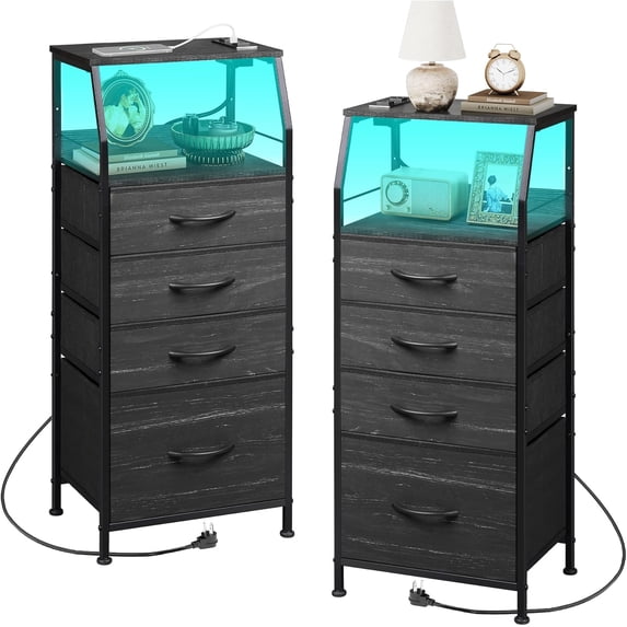 Night Stand Set of 2 with Charging Station, Nightstand with LED Light and 4 Storage Fabric Drawers, Tall Dressers for Bedroom, Bedside Tables, Wood Shelf, Metal Frame, Black and Wood Grain Print