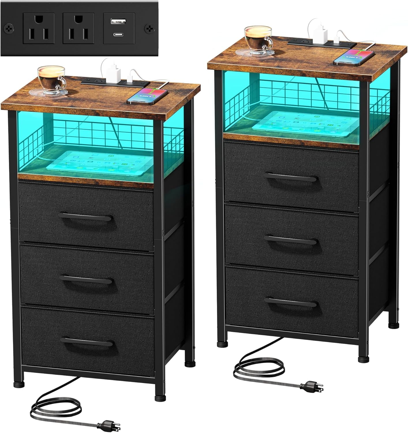 Night Stand Set 2 with Charging Station, Nightstands Set of 2 with 20 ...