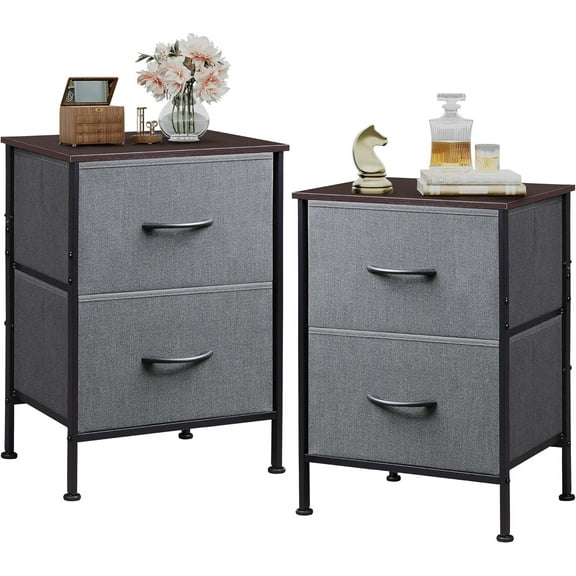 Night Stand Set 2, Dresser and Nightstand Sets, Small Dresser for Bedroom with 2 Drawers, End Table with Fabric Bins for Closet, Bedside Furniture, College Dorm, Dark Grey