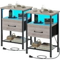 thumbnail image 1 of Night Stand Set 2, End Table with Charging Station, LED Bedside Table with Fabric Drawer for Bedroom, 3-Tier Side Table with Open Shelf, Greige, 1 of 12