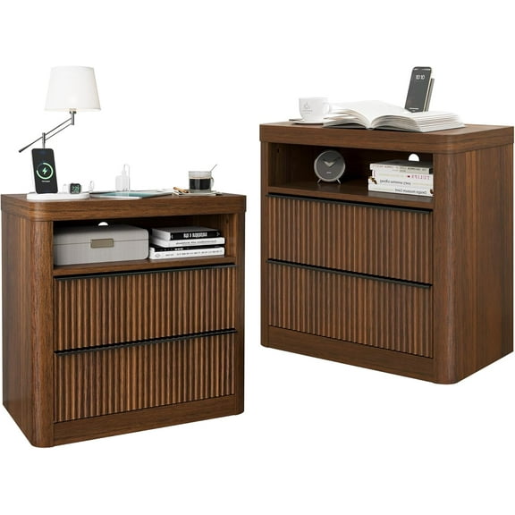 Night Stand Set of 2,Fluted Nightstands with Drawer Storage Bedside Table Large Modern nightstand with USB Port and Outlet,mid Century nightstand for Bedroom,Sofa Table(Walnut)