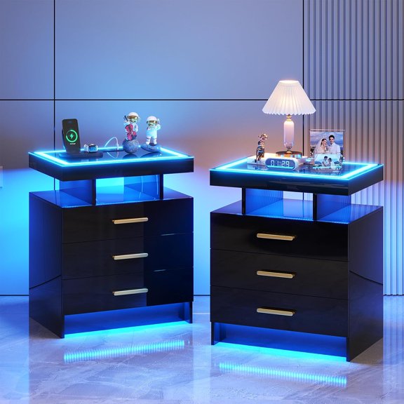 Night Stand Set 2 with LED Lights, High Gloss Nightstand with 3 Drawers,Wireless&USB&Type-C Charging Station,Smart Side Tables with Tempered Glass Top for Bedroom,Living Room,Office-Black