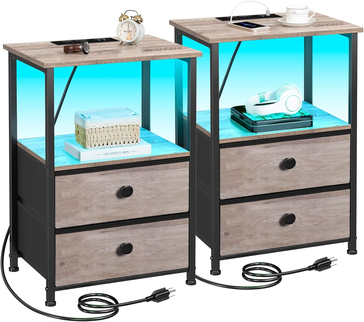 Storage Room Night Night Stand Set 2, LED Nightstand with Charging Station, End Tables ...