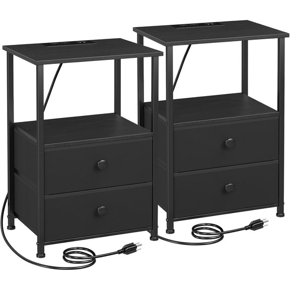 Night Stand Set 2, LED Nightstand with Charging Station, End Tables with Storage Shelf, Bedside Table with 2 Fabric Drawers for Bedroom, Small Spaces, Rustic Brown HETS02PBR