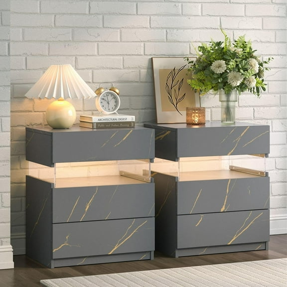 Night Stand Set 2 LED Nightstands for Bedroom Set of 2 Modern Bedside Table with 3 Drawers End Side Table