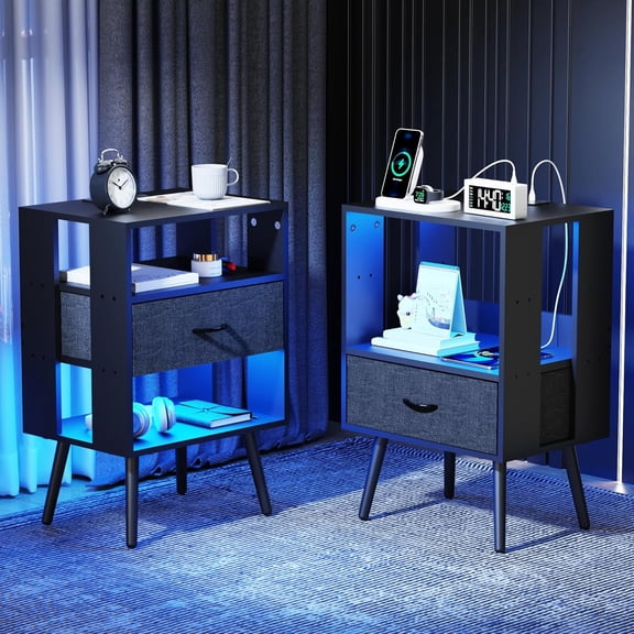Night Stand Set of 2, Led Nightstands with Charging Station and Remote Control, Modern Bedside Table with Fabric Drawers Wooden End Tables for Bedroom Small Spaces (1 Drawer, Black)