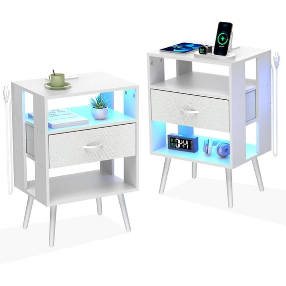 Night Stand Set of 2, Led Nightstands with Charging Station and Remote Control, Modern Bedside Table with Fabric Drawers Wooden End Tables for Bedroom Small Spaces (1 Drawer, White)
