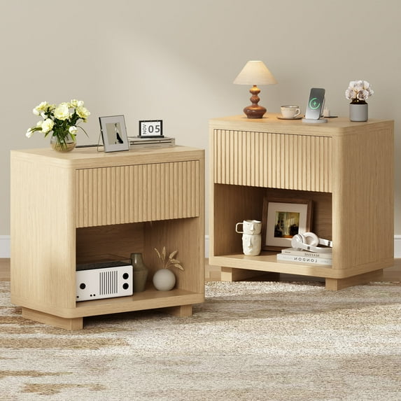 Night Stand Set 2, Nightstand with Charging Station, Modern End Table with Drawers, Bed Side Tables Set of 2 for Bedroom Living Room Sofa Couch Office(Wood Color)