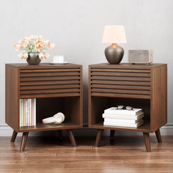 Night Stand Set of 2, Nightstands With Drawer Storage Bed Side Table End Table Large Modern Wood Wide Bedside Stand Mid Century Night Stands For Bedroom Living Room Sofa Couch Office (2pcs brown)