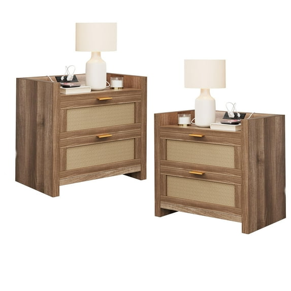Night Stand Set of 2,Rattan End Tables,Bedside Tables with Charging Station,Nightstands Set of 2 with Drawer,Boho Bed Side Tables,Rattan Side Table with Storage for Bedroom, Natural, 2 Pack