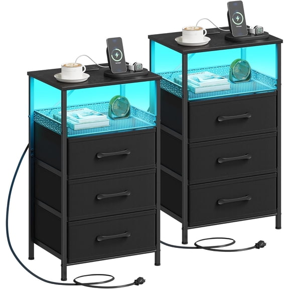 Night Stand Set 2 with Station, 3 Drawer Nightstands with LED Lights, End Table with Outlets and USB Ports, Side Table with Open Shelf, Bedside Tables for Bedroom, Black