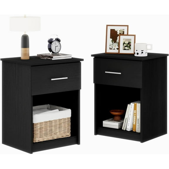 Night Stand Set of 2, Black Bedside Table with Drawer and Cubby Wooden Nightstand for Bedroom Side Tables for Living Room
