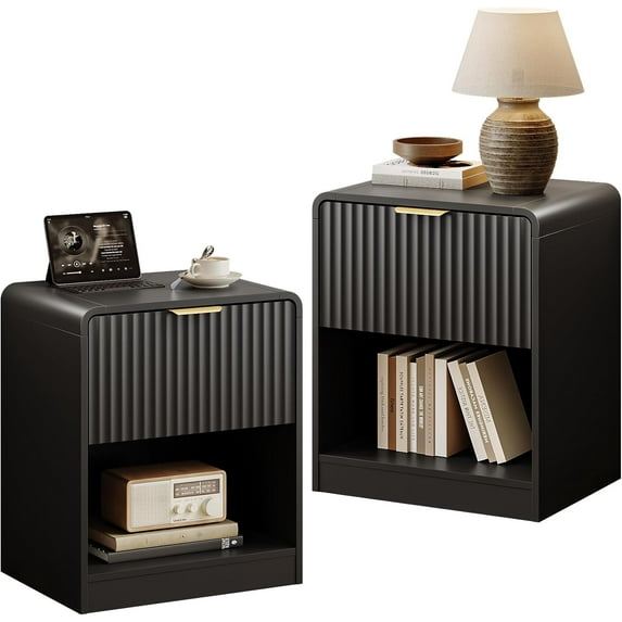 Night Stand Set of 2, Black Nightstand, Fluted Modern Nightstands with 2 Large Drawers and Gold Handle, 20 Inch Wide Bedside Table for Bedroom