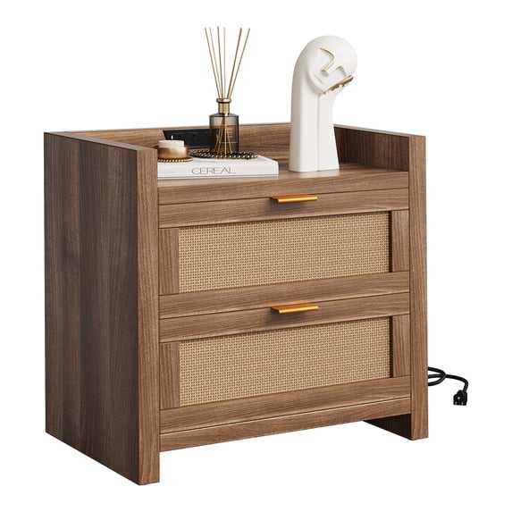 Night Stand Set of 2,Rattan End Tables,Nightstands Set of 2 with Drawer,Bedside Tables with Charging Station,Boho Bed Side Tables