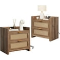 thumbnail image 1 of Night Stand Set of 2 Rattan Nightstands with Charging Station 23.6" Wide Boho Bedside Tables with 2 Drawers Modern Larger Nightstands, Brown, 1 of 8