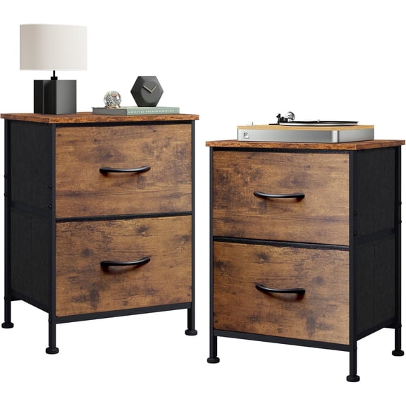 Night Stand Set of 2 Rustic Brown Bedside Table with Fabric Bins End Table for Bedroom Closet Entryway College Dorm Small Dresser with Wooden Top