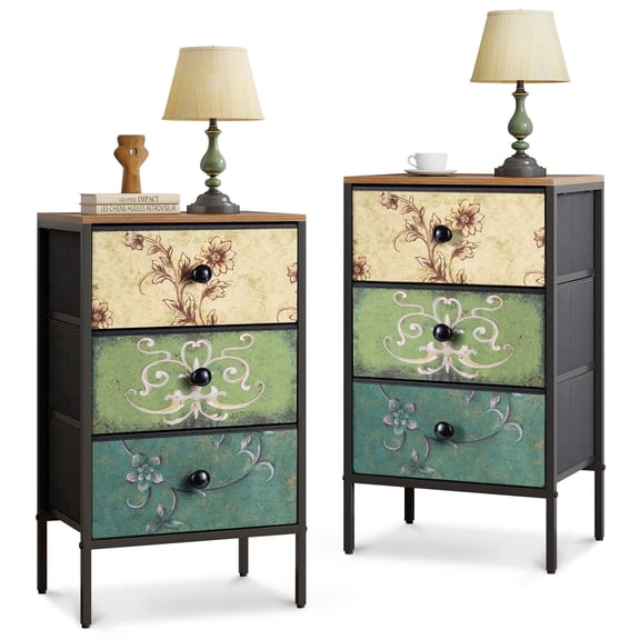 Roofar 3-Drawer Nighstand Set of 2, Narrow Drawers Slim Chest of Drawers Skinny Nightstand Sofa, 27.4'' H × 16.2'' W × 11.5'' D,Retro Flower