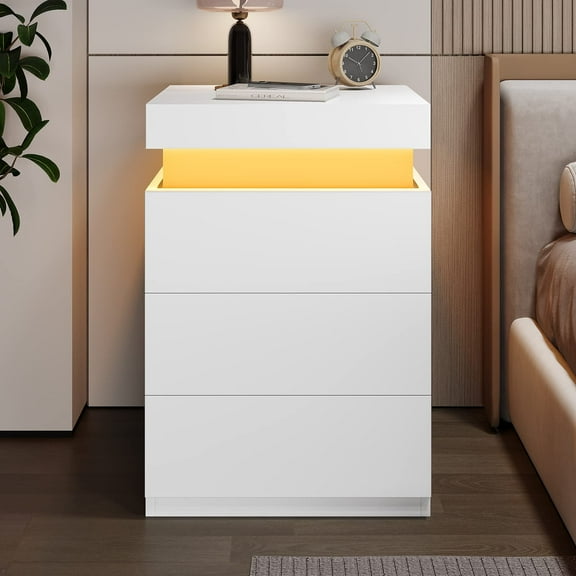 Night Stand with Sliding Top and Drawers for Bedroom, Nightstand with Charging Station and LED Lights, Bedside Table with Power Outlets, Modern End Side Table,White