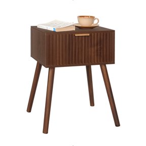 Night Stand, Small End Tables Living Room, Mid Century Modern Nightstand Accent Bedside Table with Fluted Drawer for Bedroom and Small Space, Walnut Brown