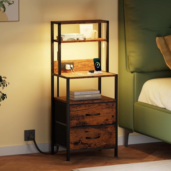 Night Stand, Tall Nightstand with 4-Tier Shelves, 2 Fabric Drawers and Light Tube, Bed Side Tables with Charging Station, Bedside Table for Bedroom, Office, Rustic Brown