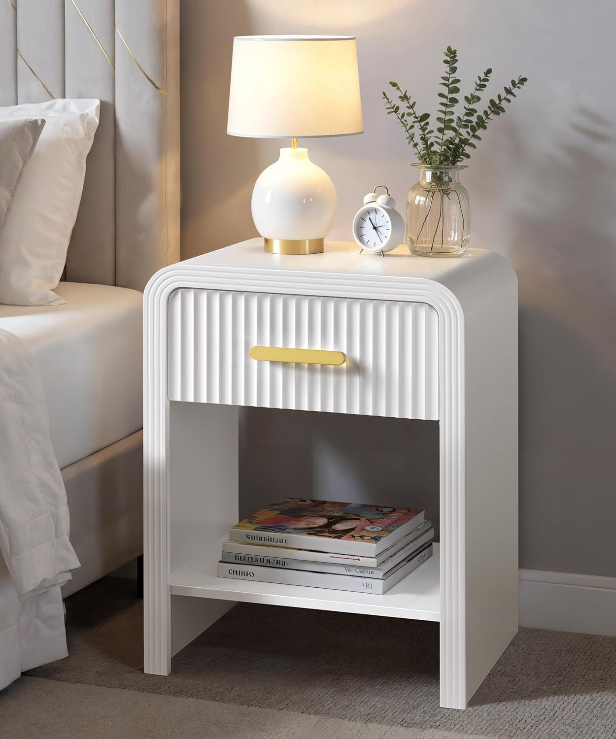 Night Stand White and Gold Bedside Table with Drawers Mid Century ...