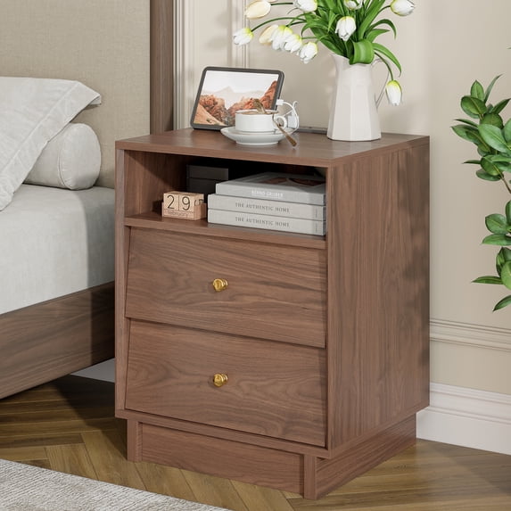 Night Stand With Charging Station, Mid Century Modern End Table, 19'' Wide Wood Bedside Table With 2 Storage Drawers For Bedroom, Walnut Brown