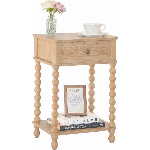 Night Stand, Wood End Table with Drawer for Living Room, Small Bedside Side Table with Spindle Wood Legs for Bedroom, Office, Rustic Walnut