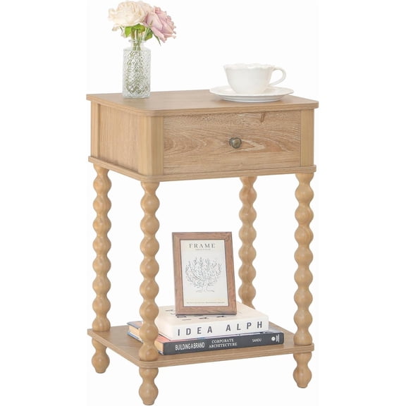 Night Stand, Wood End Table with Drawer for Living Room, Small Bedside Side Table with Spindle Wood Legs for Bedroom, Office, Rustic Walnut