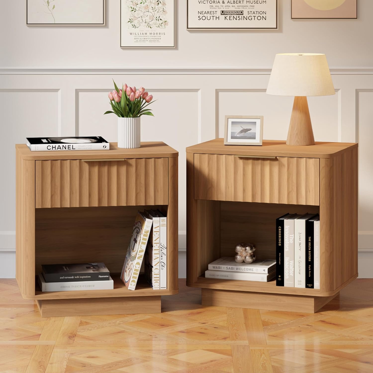 Modern Nightstand Set Of 2 With 2 Drawers – Mid-Century Bedside Tables With Solid Wood Legs & Storage (Walnut Finish)