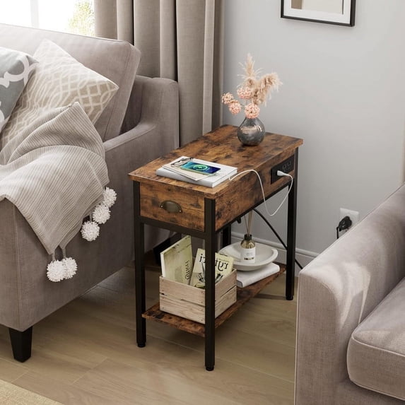 Night Stand w/USB Ports, End Table with Charging Station, Narrow Side Table with Drawer Storage Shelf