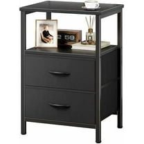 Night Stand with 2 Drawers, Bed Side Table with Open Shelf, Wooden Top, Nightstand for Bedroom, End Table for Small Space, Fabric Drawer, Black