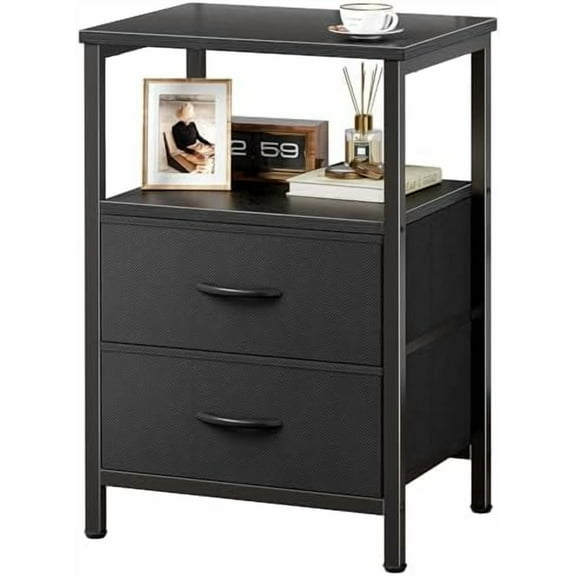 Night Stand with 2 Drawers, Bed Side Table with Open Shelf, Wooden Top, Nightstand for Bedroom, End Table for Small Space, Fabric Drawer, Black
