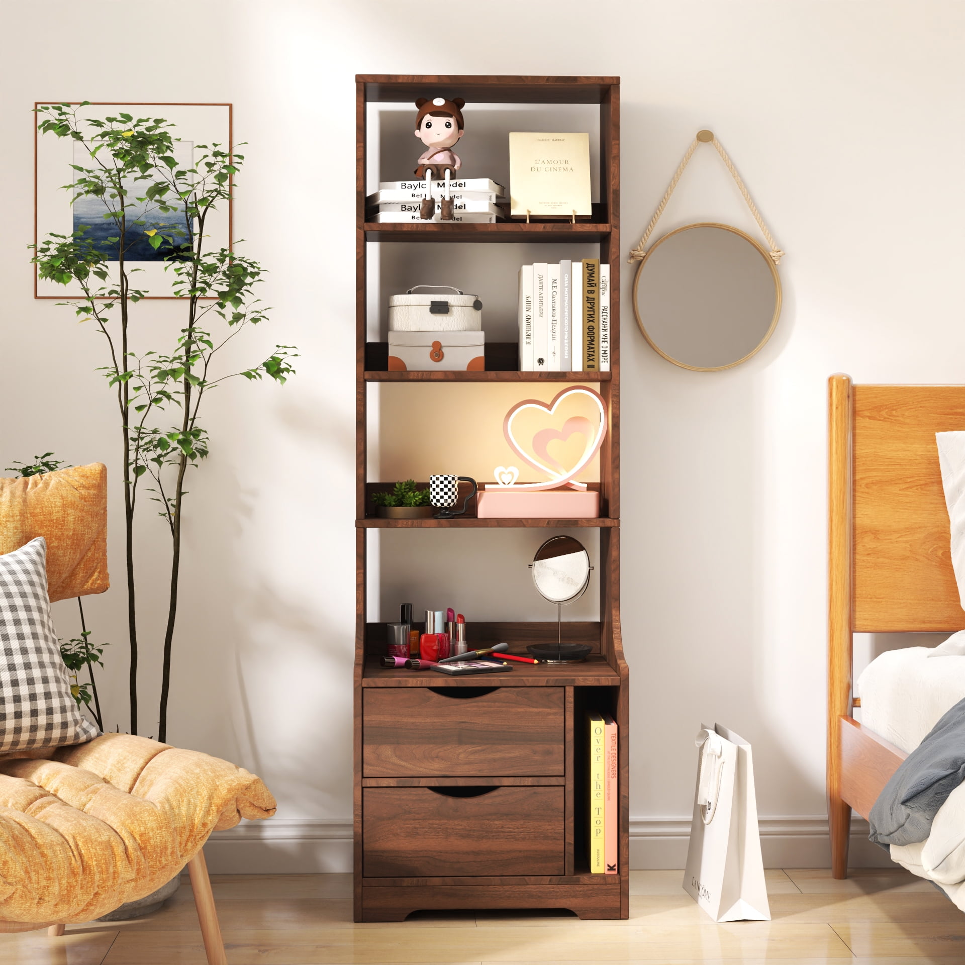 Night Stand with 2 Storage Drawers for Bedroom, Walnut