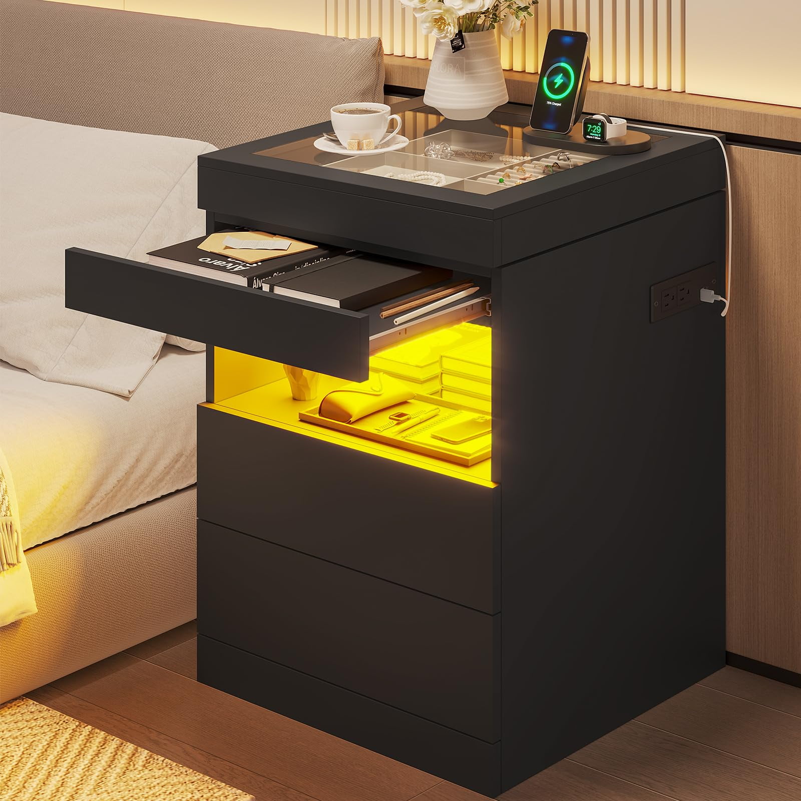 Night Stand with Charging Station, Bedside Table with LED Lights and