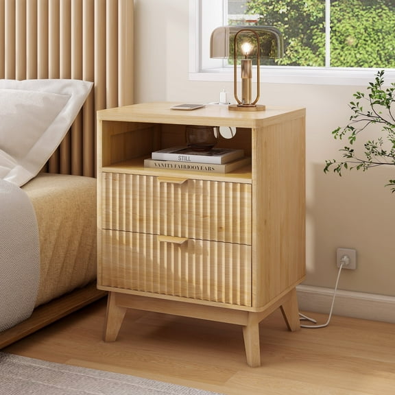 Night Stand with Charging Station, Fluted Bedside Table Furniture,19.7'' W X 15'' D