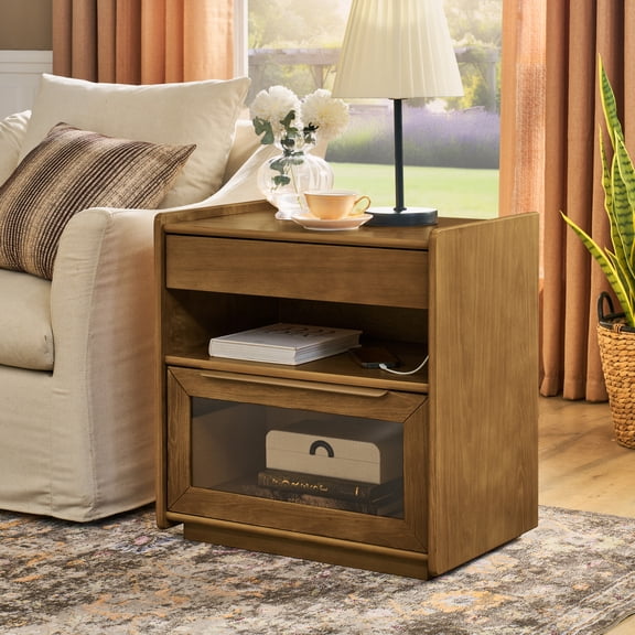 Night Stand with Charging Station, Mid Century Side Table with 2 Drawers and Open Shelf, Farmhouse End Table Bedside Table for Bedroom, Light Walnut
