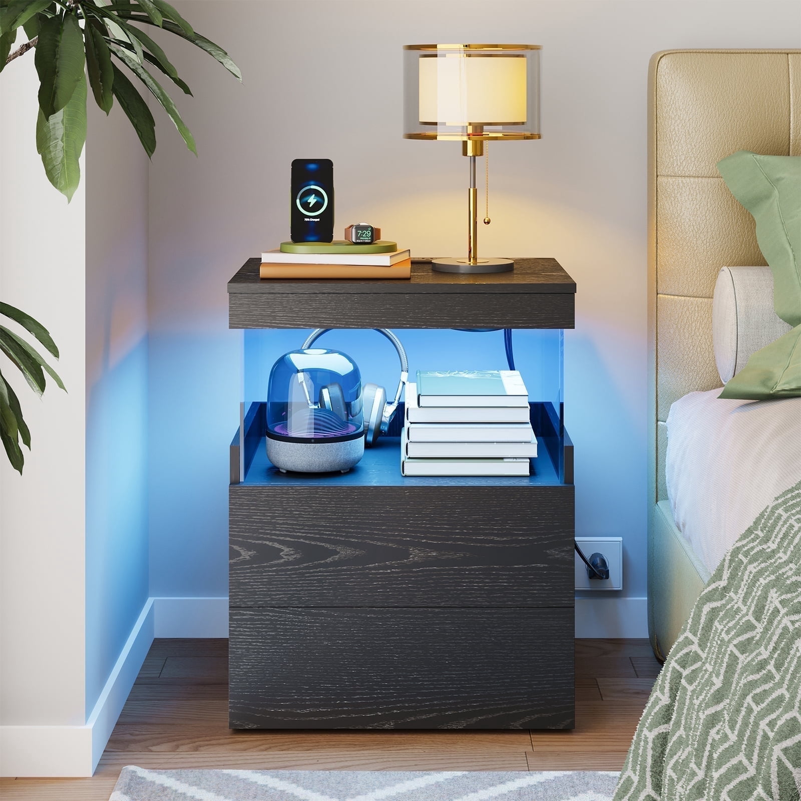 TOMNK Black Nightstand with Charging Station, Bedside Table for Bedroom, LED Nightstand, Modern Night Stand with Drawers, Black