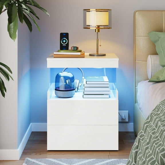 TOMNK White Nightstand with Charging Station, Bedside Table for Bedroom, LED Nightstand, Modern Night Stand with Drawers, White