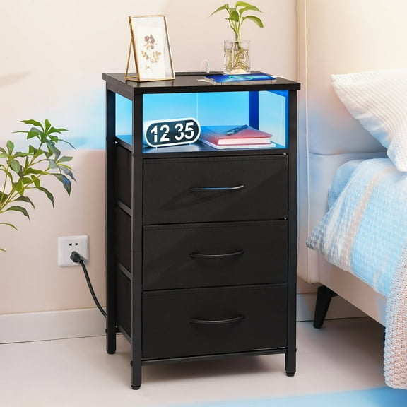Night Stand with Charging Station-for Bedroom Living Room, LED Nightstand with Fabric Drawers, Small Bedside Tables with USB Ports and Outlets, Black