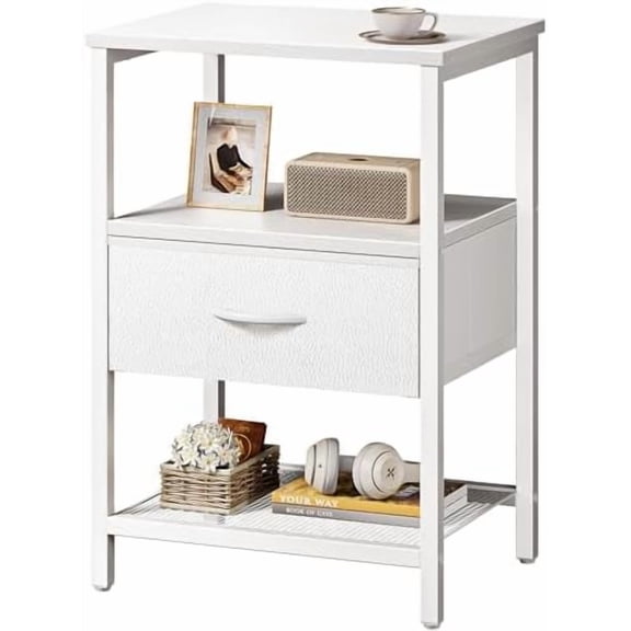 Night Stand with Fabric Drawer, Side Table with Mesh Shelf, Bedroom Nightstand, Fabric Drawer Dresser, Open Shelf, Metal Frame, Couch Side, White