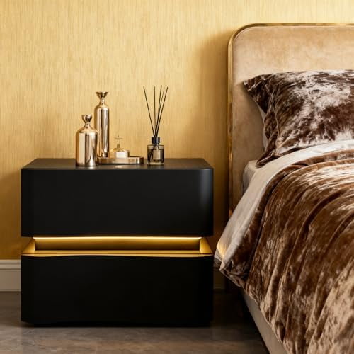 Night Stand with LED Lights 2-Drawer Bedside Table with 3-Color Lighting Modern Narrow Nightstand for Bedroom, Black$$Home Decor, Kitchen, & Other