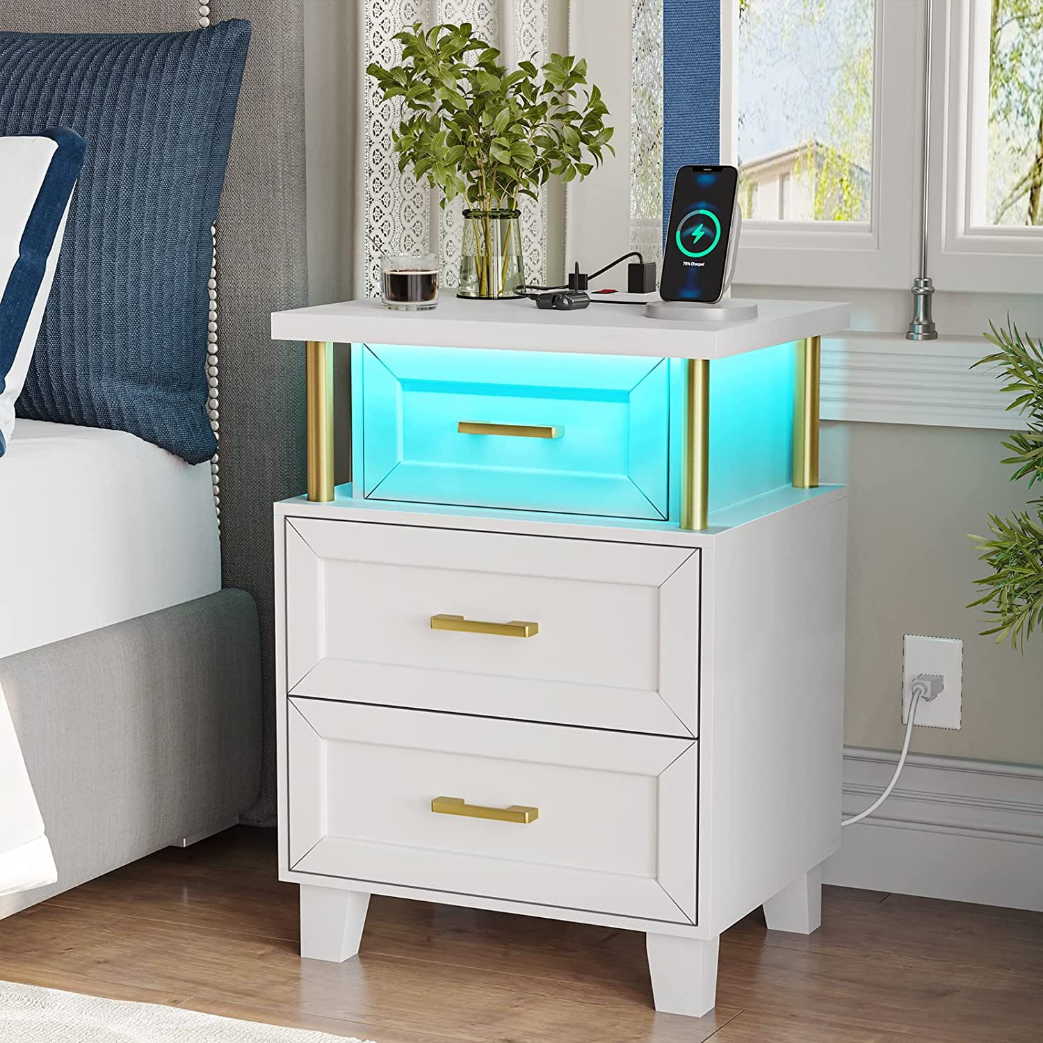 Night Stand with USB Port Charging Station and LED Lights, Vintage