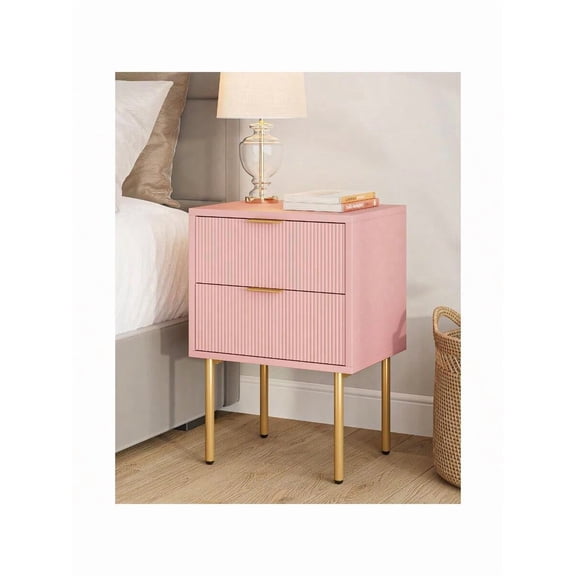 Night StandMid-Century Modern Bedside Table With 2 Storage Drawer Small Gold Frame Side End Table For Bedroom Living Room Pink