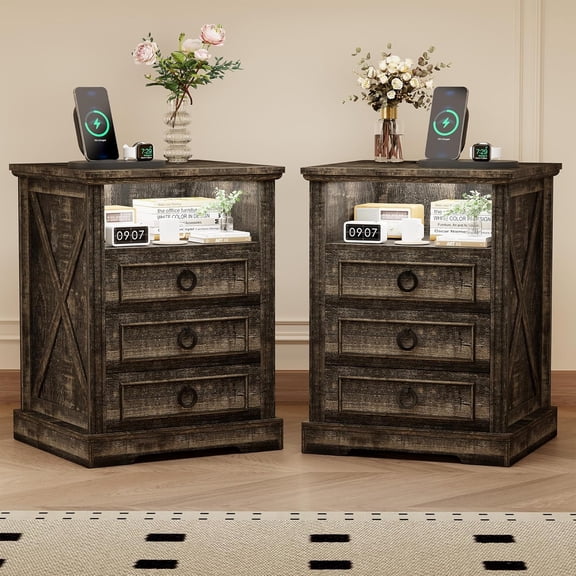 Night Stands with 3 Drawers, Smart nightstand with Charging Station, Farmhouse End Side Table with LED Light & Human Sensor and Open Storage for Bedroom, Brown